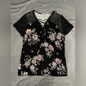 Gypsies & Moondust Black Floral Lace-Up Blouse